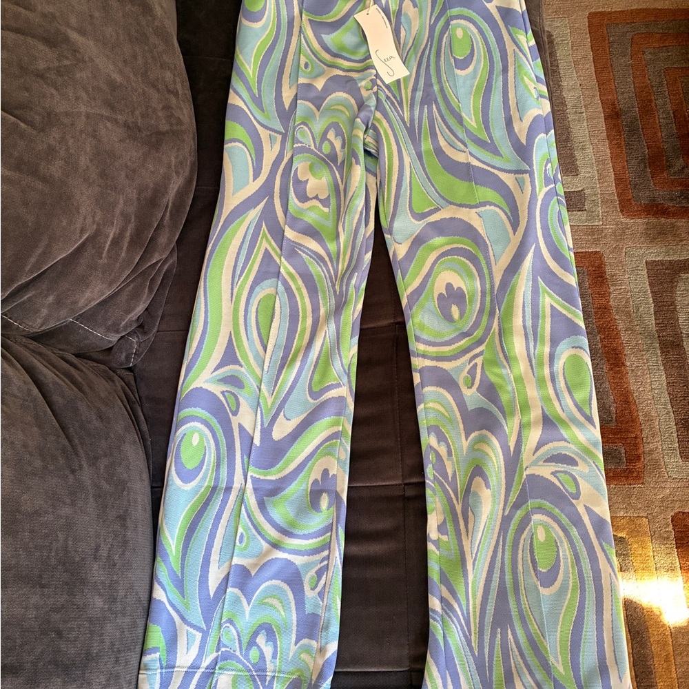 SEEA Funky Jacquard Abstract 70's Blue and Green Pants NWT